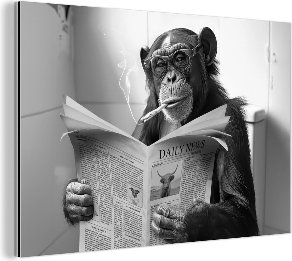MuchoWow Wanddekoration Metall Metallbild Wandkunst 90x60 cm Schimpanse - Affe - Zeitung - WC - Humor MuchoWow Aluminium Gemälde - Wandbilder