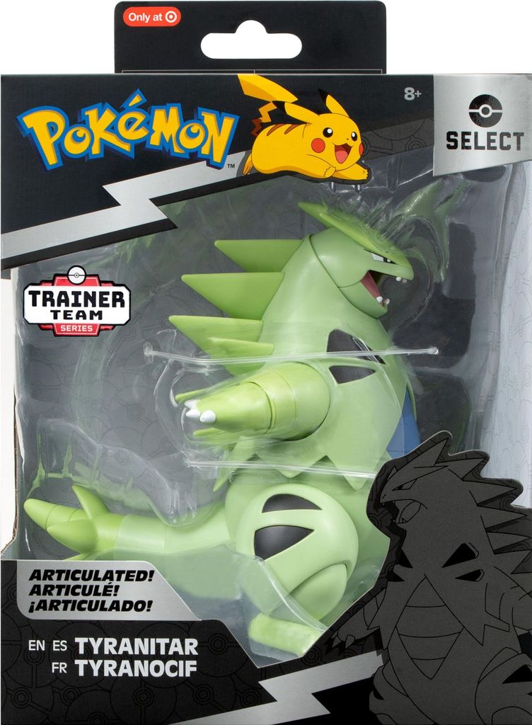 A Pokémon action figure of Tyranitar in its retail packaging.