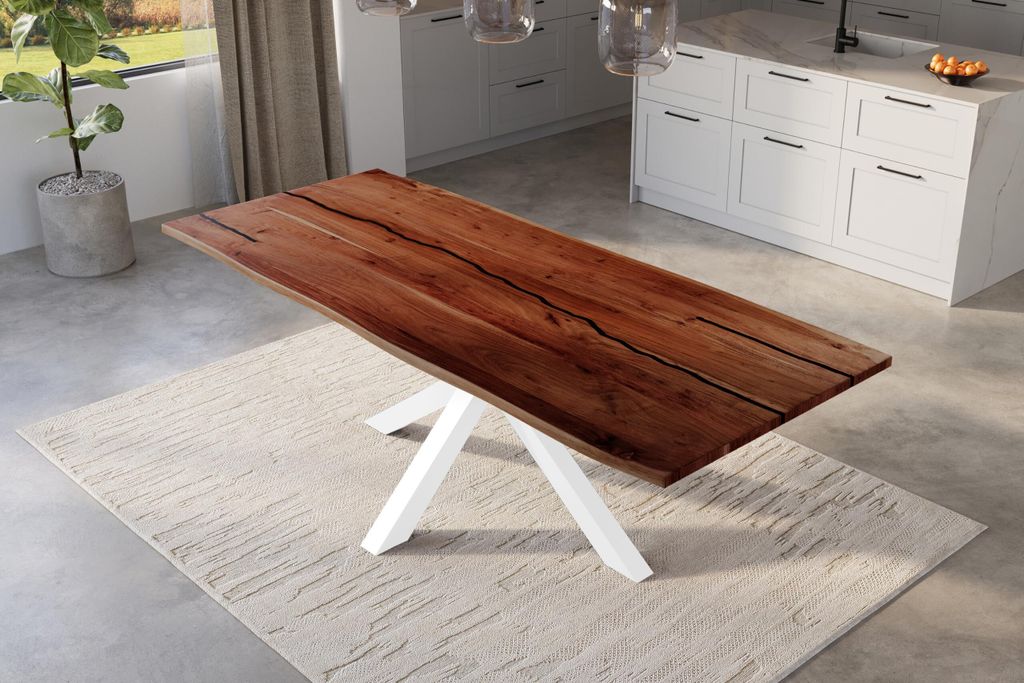 Baumkantentisch 300 x 100 cm Polly, Epoxidharz-Adern in Schwarz, Akazienholz massiv + nussbaumfarben, Esstisch mit Spider-Eisengestell Weiß, Tisch...