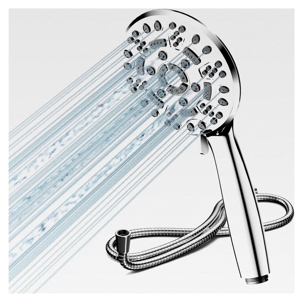 Duschkopf mit Schlauch, Handbrause mit 8 Strahlarten, Hochdruck Duschbrause, Regendusche (Chrom)