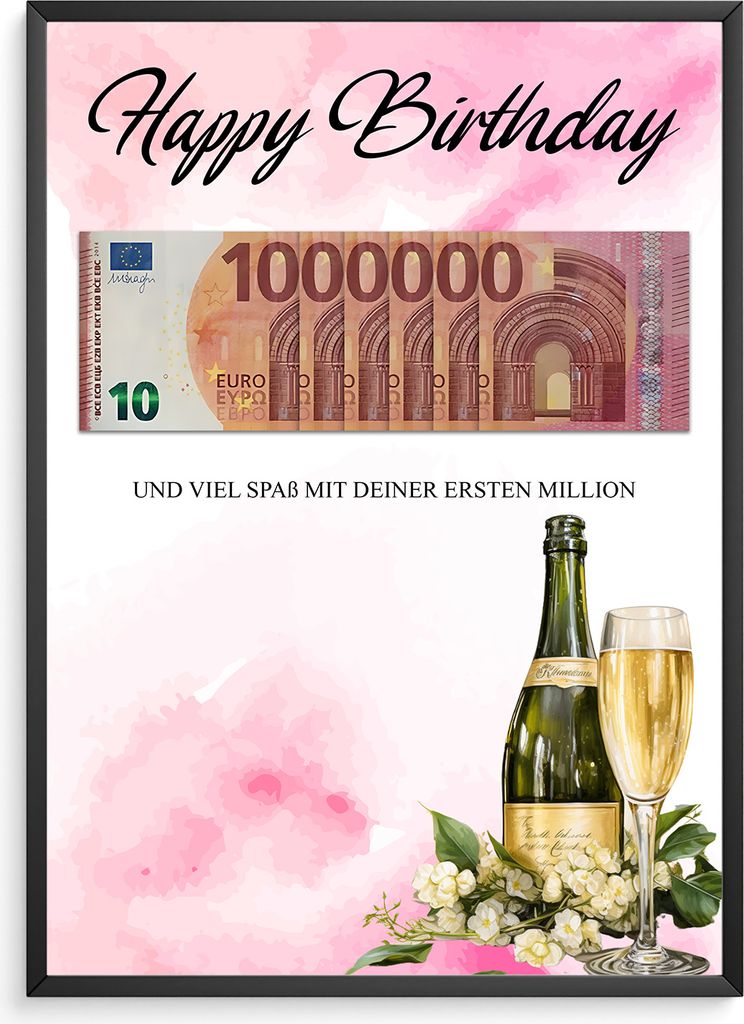 Geldgeschenk Geburtstag Lustiges Geburtstagsgeschenk Mann Frau Witzige Geschenkidee - Deine erste Million – DIN A4 + Rahmen schwarz