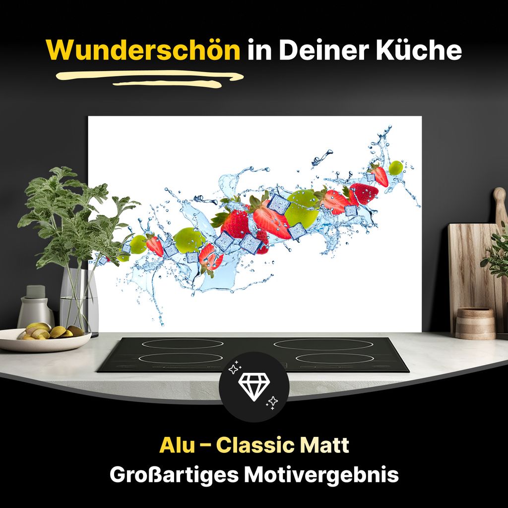 Spritzschutz Küchenrückwand aus Aluminiumverbund in Matt 90x40 cm - Erfrischende Wasserspritzer mit Erdbeere und Limette
