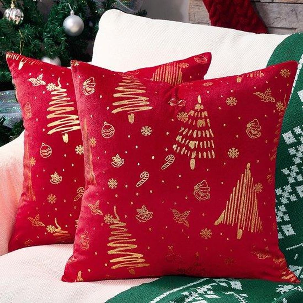 Unyqoos Set mit 2 roten Kissenhüllen aus Samt für festliche Weihnachtsdekoration, 40 x 40 cm