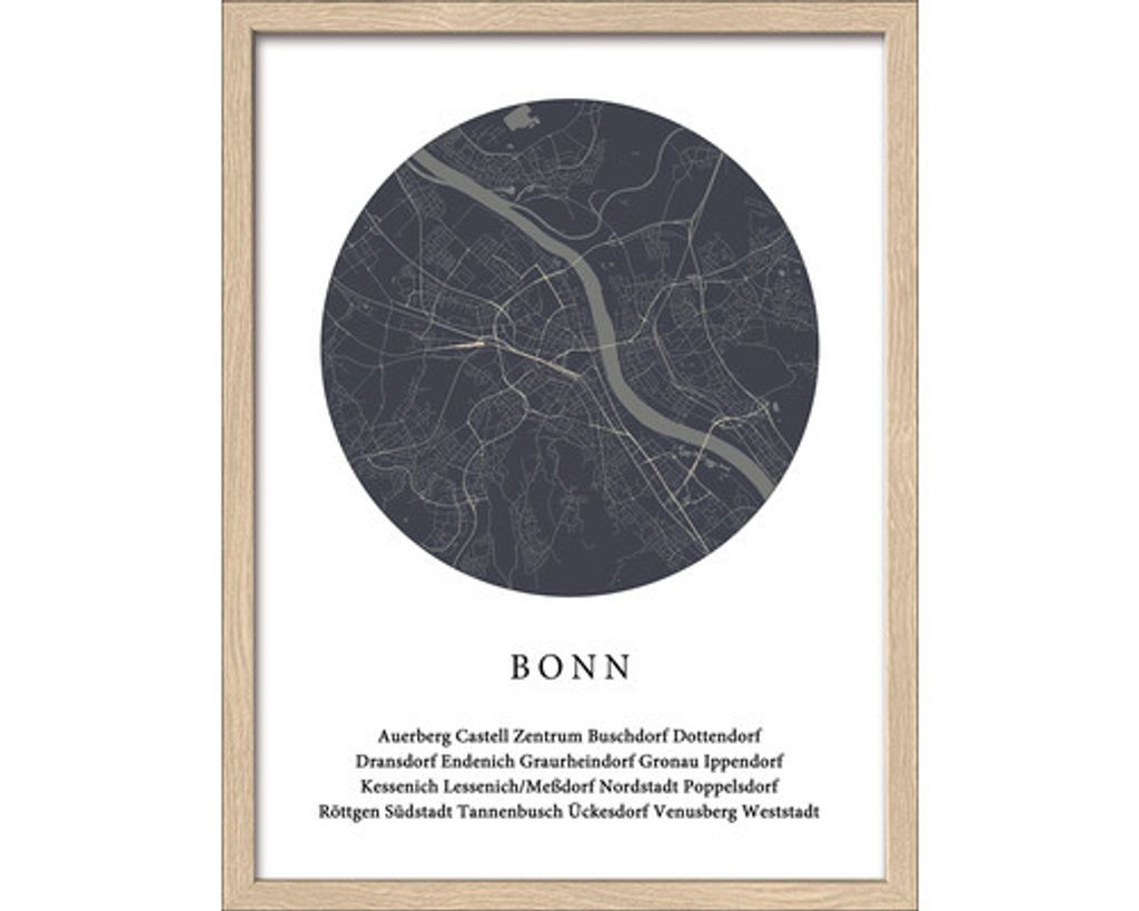 Gerahmtes Bild Bonn Landkarte II 33x43 cm