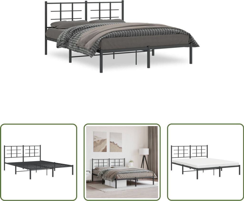 The Living Store Bettgestell mit Kopfteil Metall Schwarz 160x200 cm