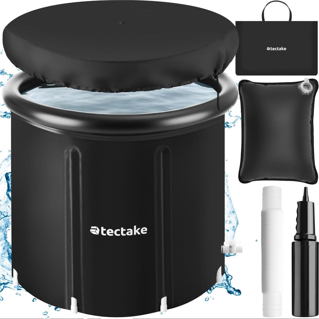 A black foldable ice bath tub filled with water, with a black lid on top. Accessories like a carrying bag, a water cushion, a white tube, and a black pump are arranged to the right of the tub. Water splashes are visible around the tub.