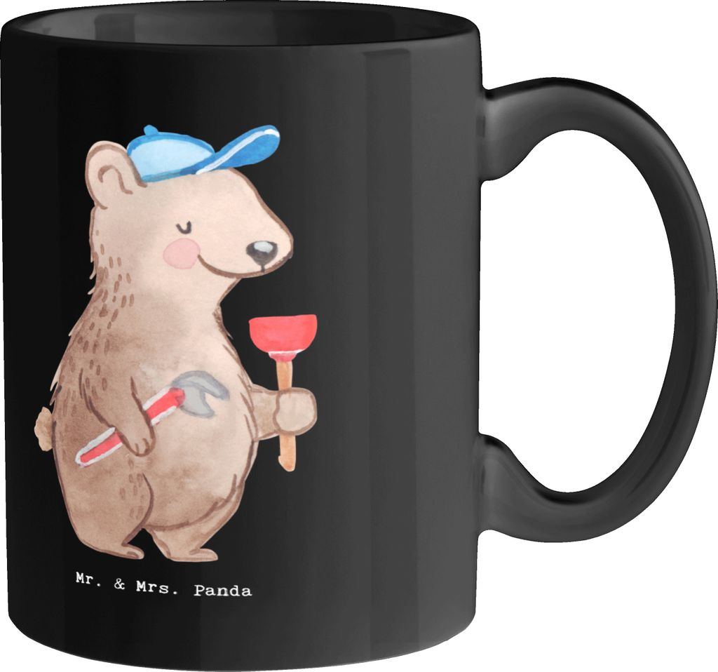 Mr. & Mrs. Panda Tasse Klempner Helden - Schwarz - Geschenk, Sanitärtechnik, Berufsleben, Teetasse, Beruf, humorvoller Spruch, Becher, Pott, Bedru...