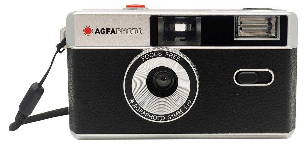 A front-facing studio shot of a black and silver Agfaphoto reusable 35mm film camera.