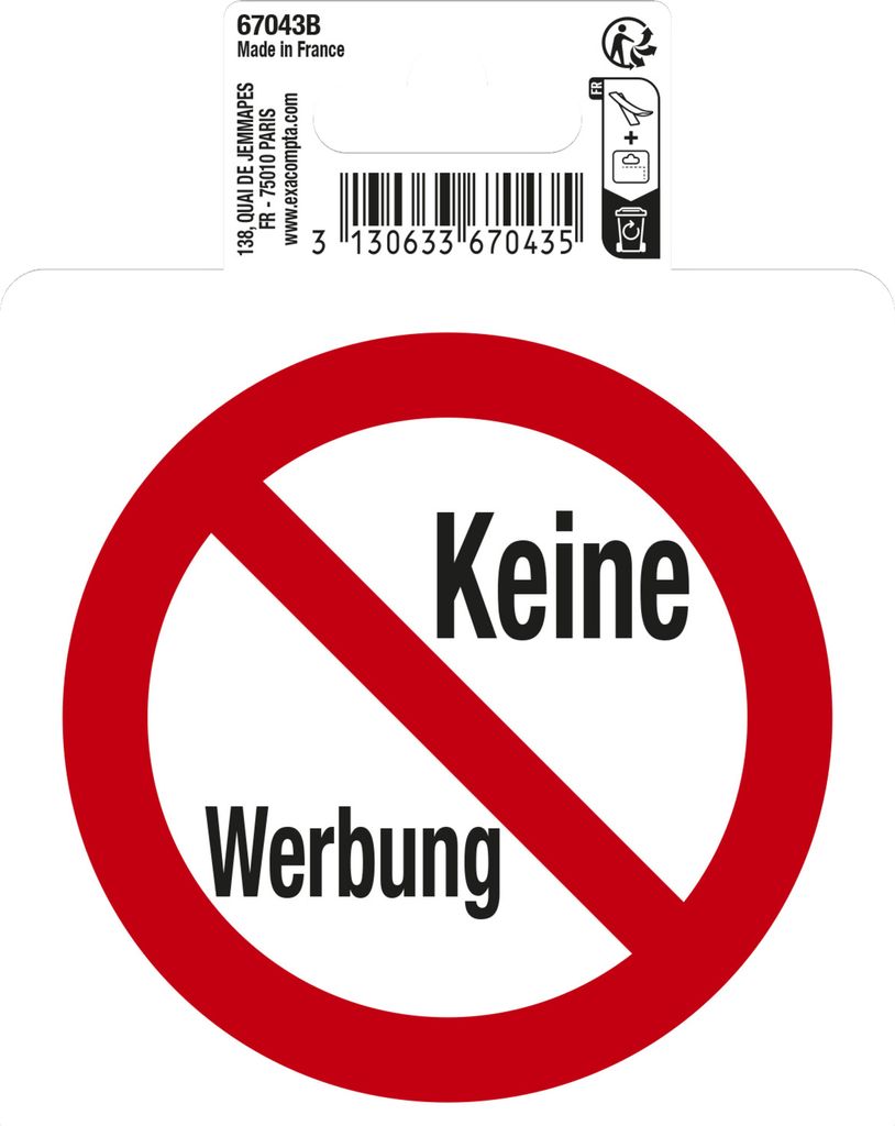 Exacompta Hinweisschild Keine Werbung, 10x10 cm, PVC - Rot - 67043B