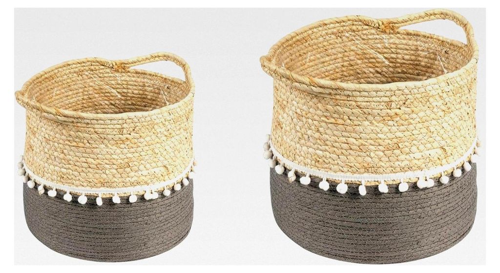 Pflanzkorb YUMI 2er Set aus Seegras - Natur/grau Übertopf für Pflanzen, geflochtener Aufbewahrungskorb mit Folieneinsatz, vielseitig einsetzbar i...