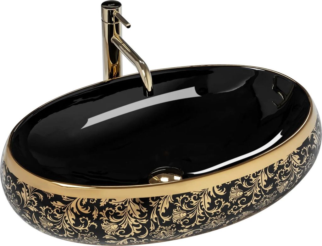 A black and gold oval washbasin with a gold faucet.