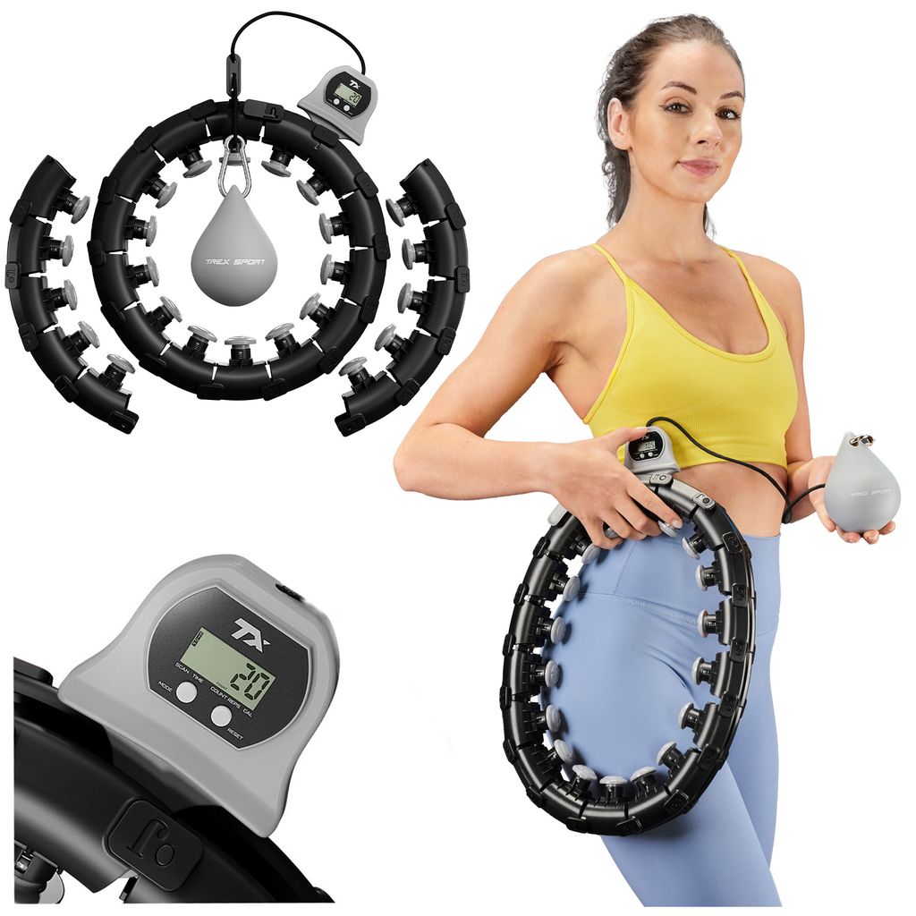 TREX SPORT Smart Hula Hoop Reifen mit Zähler TX-020CHH | Fitnessreifen mit LCD Display, 400g Gewicht, 24 Segmente, 360° Massage mit Noppen | Schwarz