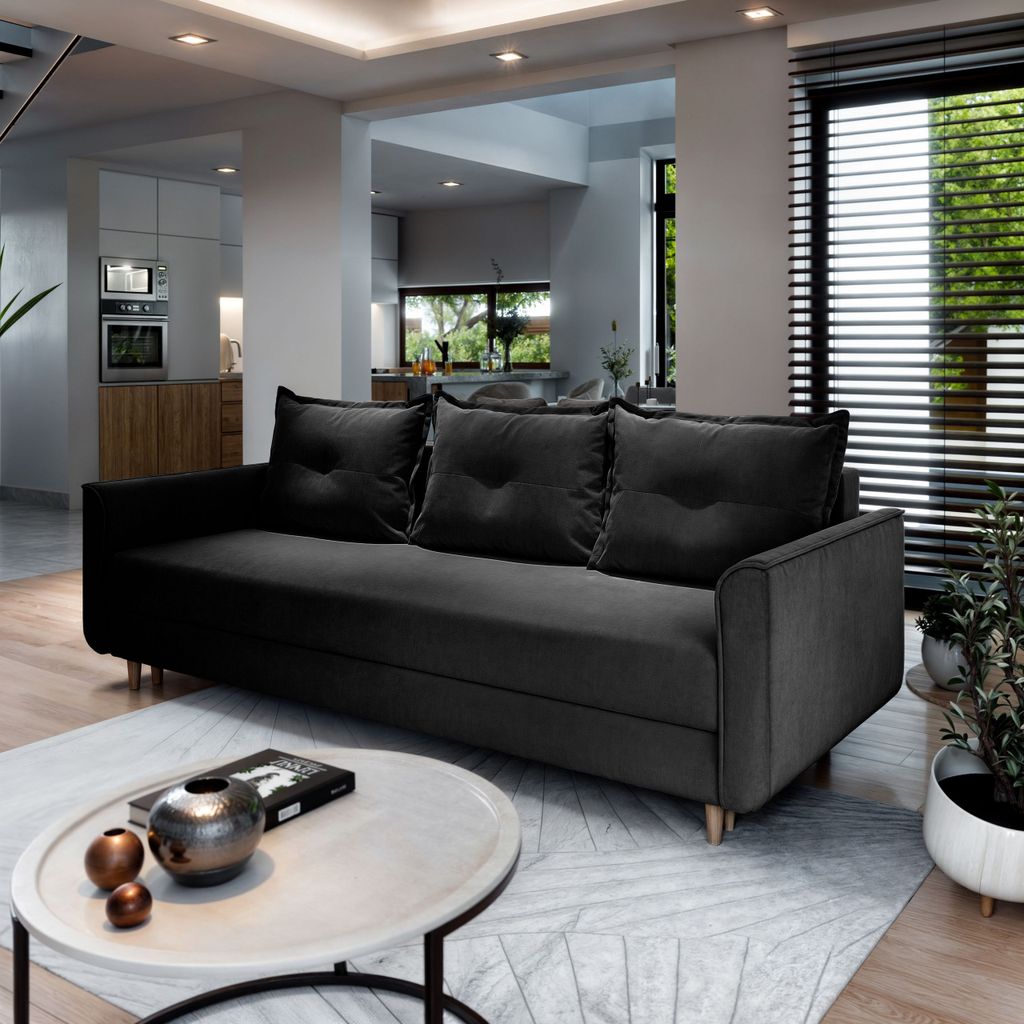 Sofa NAPOL Schwarz Plüsch-Stoff mit Schlaffunktion, Sofa mit Bettkasten, Sofa mit Bettkasten, Wohnzimmersofa, Couch, Soffa, Bettsofa, Couchgarnitu...