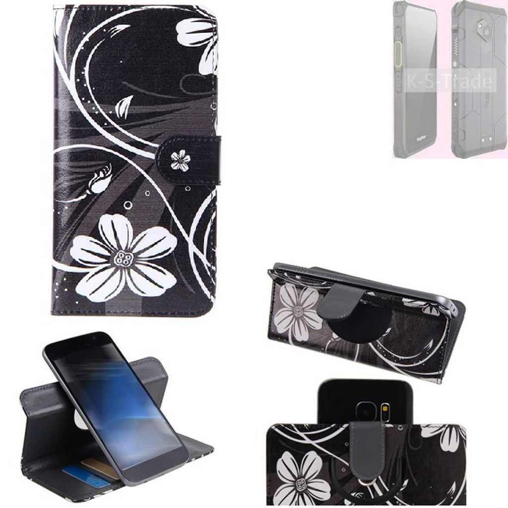 K-S-Trade Schutzhülle Handyhülle kompatibel mit RugGear RG880 Hülle 360° Wallet Case “Flowers“ Klapphülle Hülle schwarz-weiß 1x