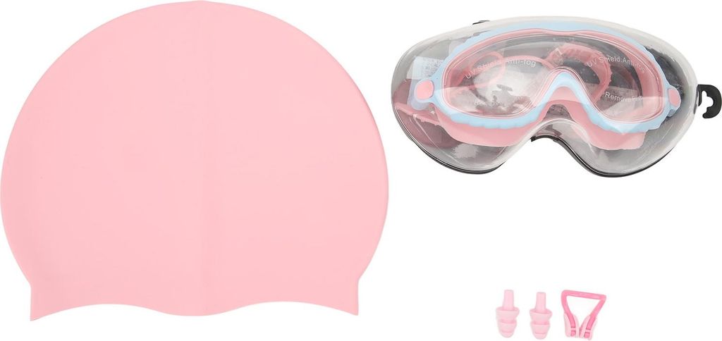 Kinder-Schwimmbrillen-Kappen-Set, HD, wasserdicht, beschlagfrei, zum Schwimmen, mit Schutzhülle, Nasenklammer, Ohrstöpsel für Mädchen