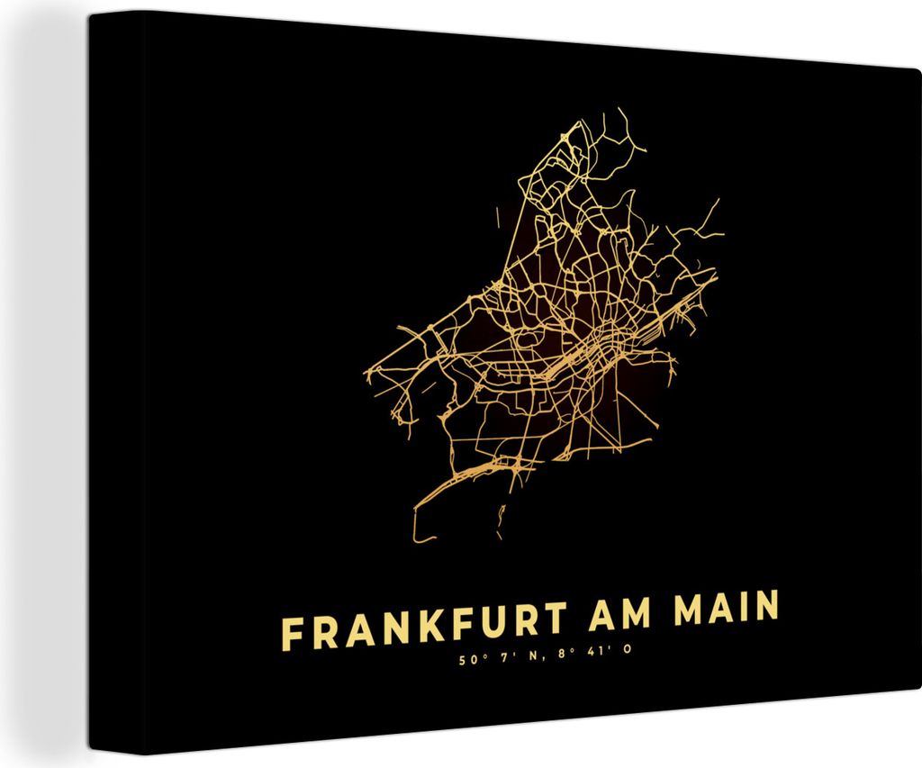 OneMillionCanvasses - Leinwandbilder - 140x90 cm, Karte - Gold - Frankfurt - Stadtplan - Karte, Wandbilder Kunstdruck Wanddekoration - Foto auf L...