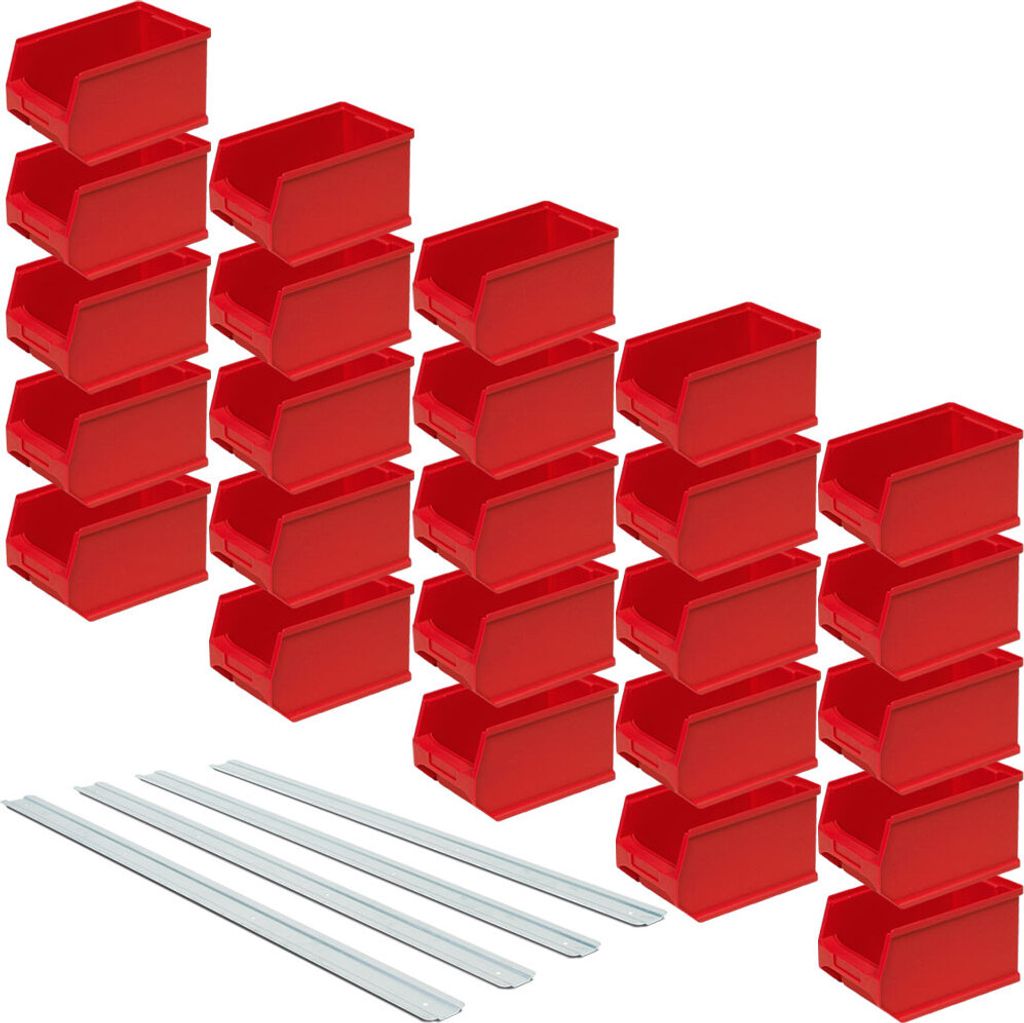 25 Sichtlagerboxen LB4, rot, Inhalt 2,9 Liter, LxBxH 235 x 145 x 125 mm, inkl. 4 verzinkte Wand-Aufhängeschienen L 970 mm