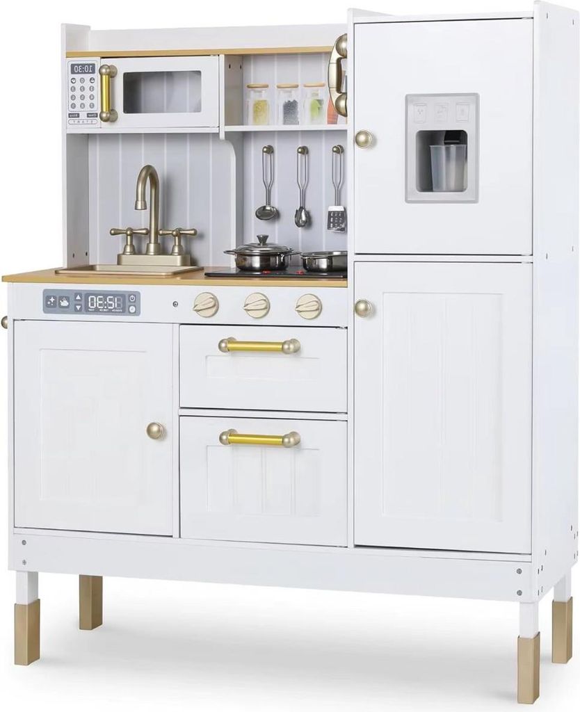 Klassische Holzspielküche für Kinder – Mit Licht- und Geräuscheffekten – Inklusive Zubehör – Ab 3 Jahren – Weiß Elegant – Montessori...
