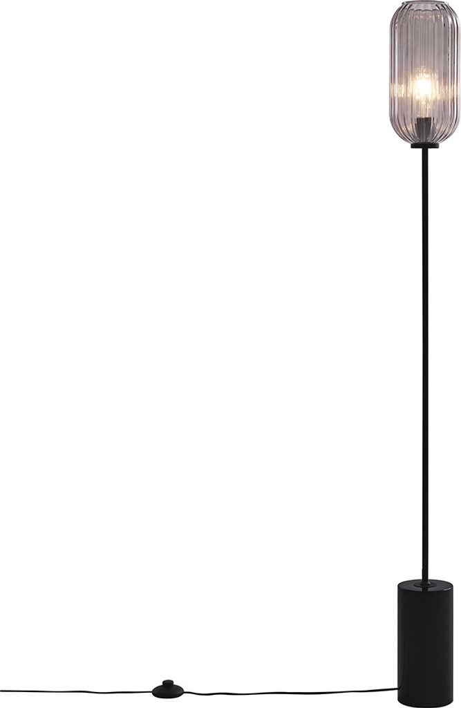QAZQA - Art Deco Art Deco Stehleuchte I Stehlampe I Standleuchte I Lampe I Leuchte schwarz mit Rauchglas - Rid I Wohnzimmer I Schlafzimmer - Längl...