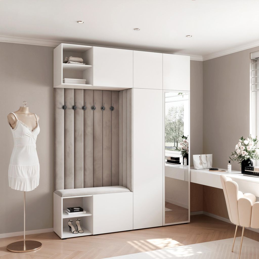Garderobe ARIA 4 190 cm Weiß Gepolstert Hellgrau mit Produktbild 