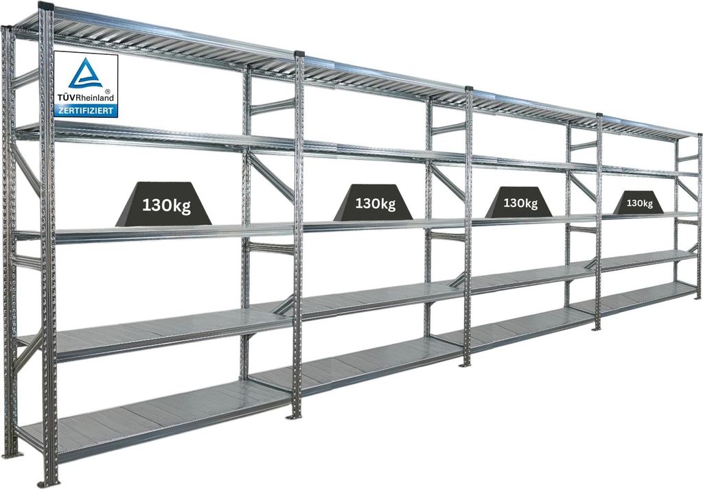 Fachbodenregal PROXIMO mit Stecksystem | Komplettregal | HxBxT 200x600x40cm | 5 Ebenen | Fachlast 130 kg | Beidseitig nutzbar | Verzinkt