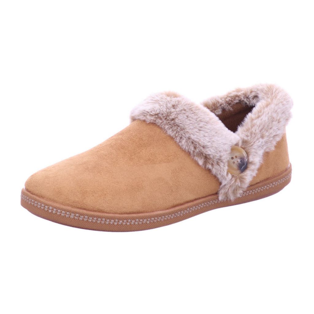 A single brown slipper with faux fur trim and a button detail, shown from a side view against a white background.