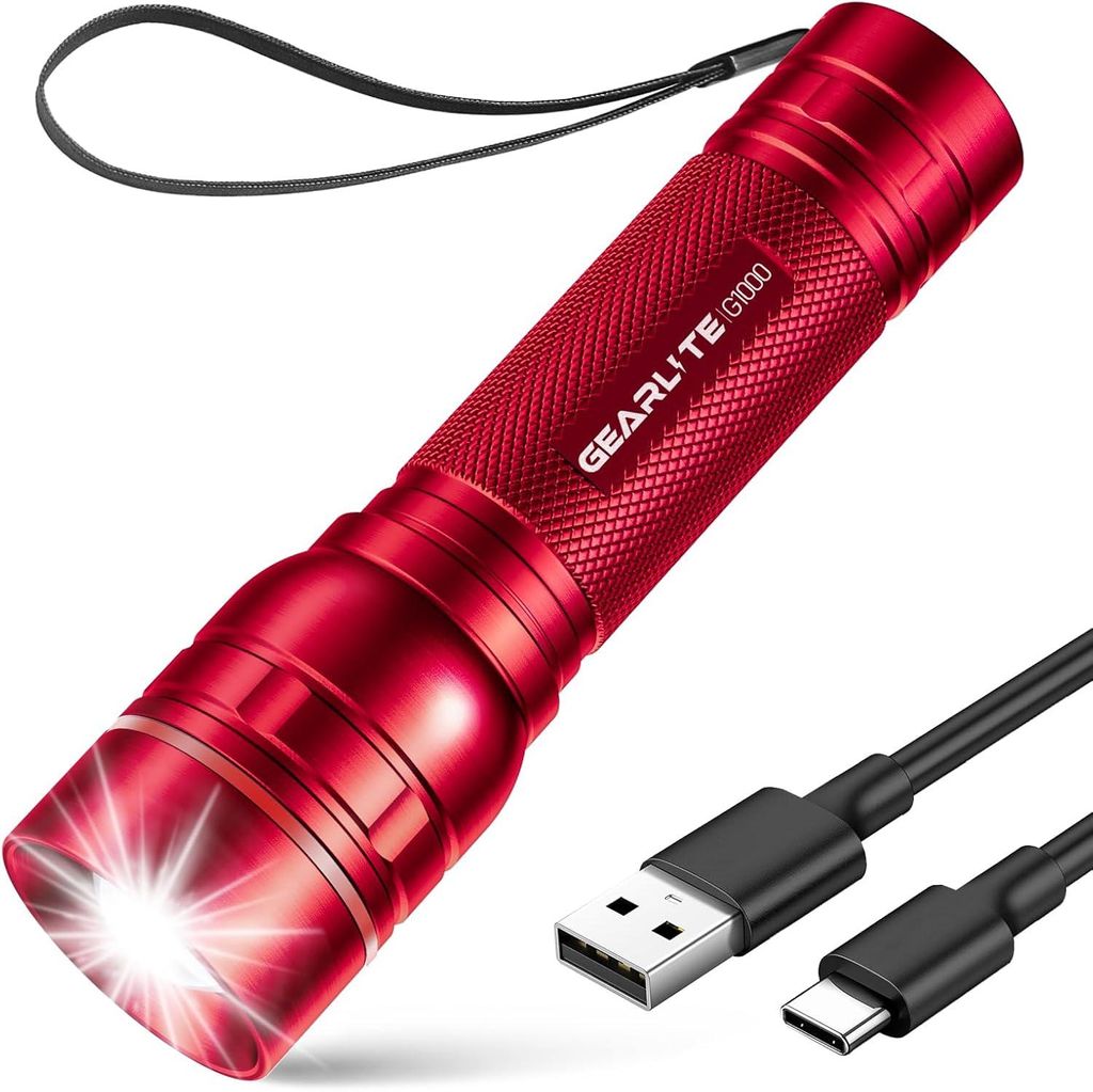 Taschenlampe LED Aufladbar 2000 Lumen, Mini Handlampe Zoombar, 3 Modi, IP65 Wasserdicht, Extrem Hell, Lange Laufzeit für Camping Outdoor (Rot)