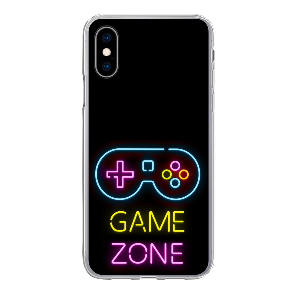 MuchoWow Handyhülle Schutzhülle Hülle für iPhone X Controller - Spiel - Neon - Schwarz - Zitate - Spielzone Silikon Softcase Handy Hülle - H...