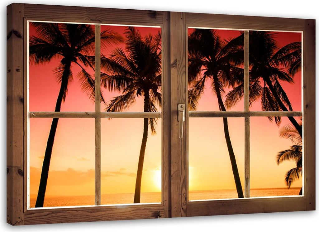 Leinwandbild fenster - palmen und sonnenschein 90x60 cm Feeby rosa wandbild bereit zum aufhängen