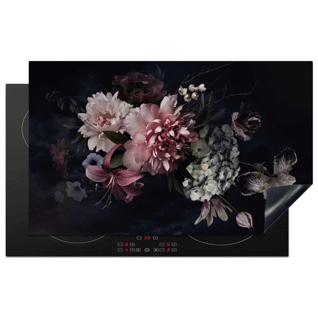 KitchenYeah Herdabdeckplatte Blumen - Vintage - Pastell - Rosa - Weiß , 83x51cm, Küche Deko, Glaskeramikkochfeld Herdabdeckung, Abdeckplatte f...