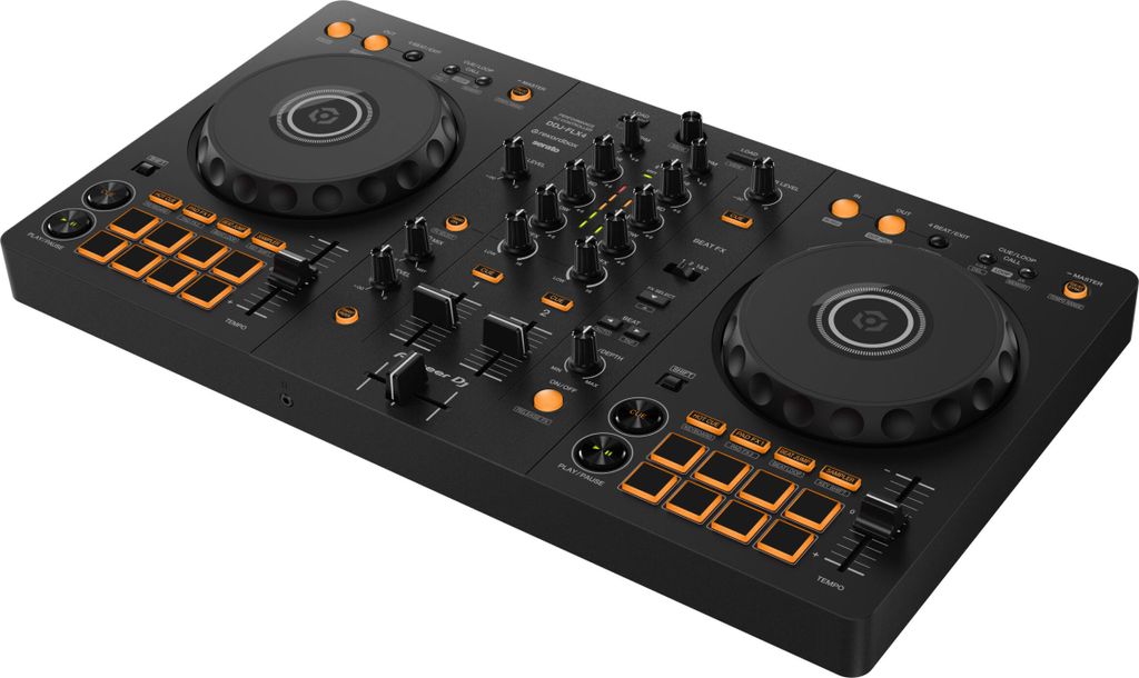 A black DJ controller with orange accents is shown from a slightly elevated, diagonal angle against a white background.