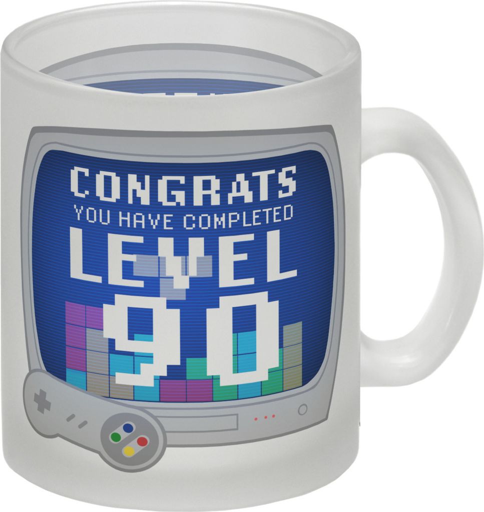 Witziger Glas Tasse für den 90. Geburtstag mit Motiv: Gamer