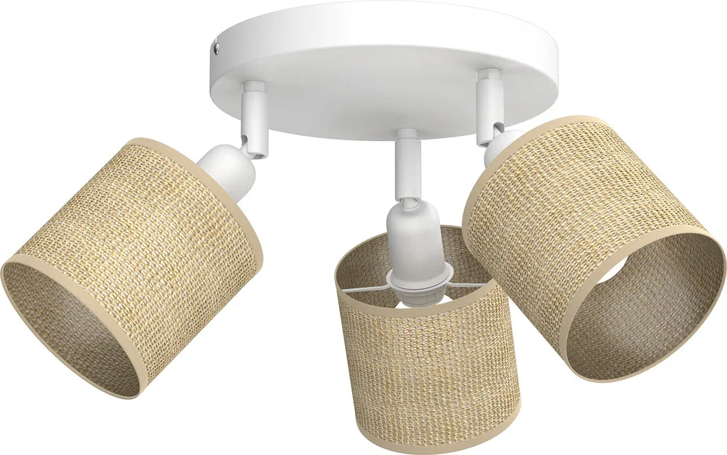 Plafonnier 3 spots ronds blancs avec abat-jour en jute naturelle 15W