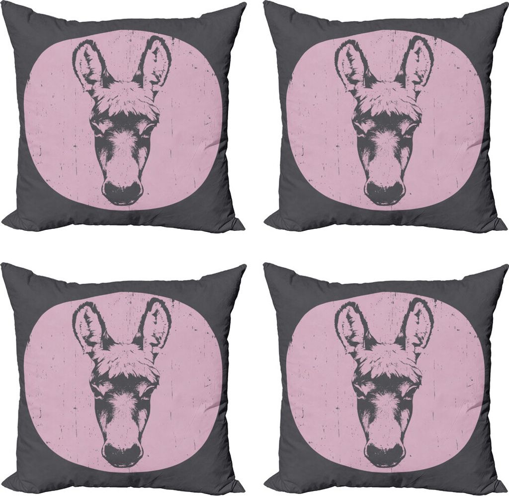 ABAKUHAUS Esel Kissenbezug Set (4 Stück), Grunge-Look Tier Porträt, Moderner Doppelseitiger Digitaldruck, 50 cm x 50 cm, Baby-Rosa und Grau