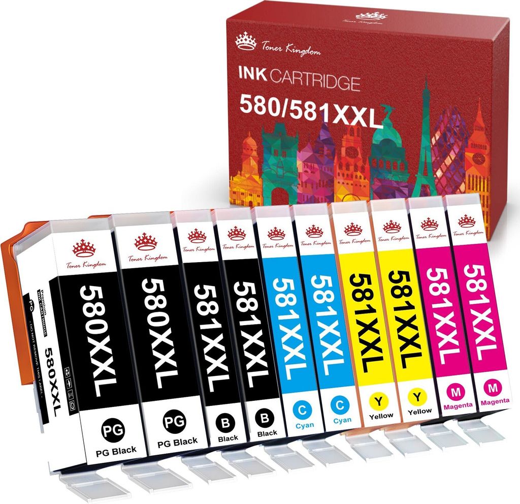 A box of ink cartridges with several cartridges laid out in front of it.
