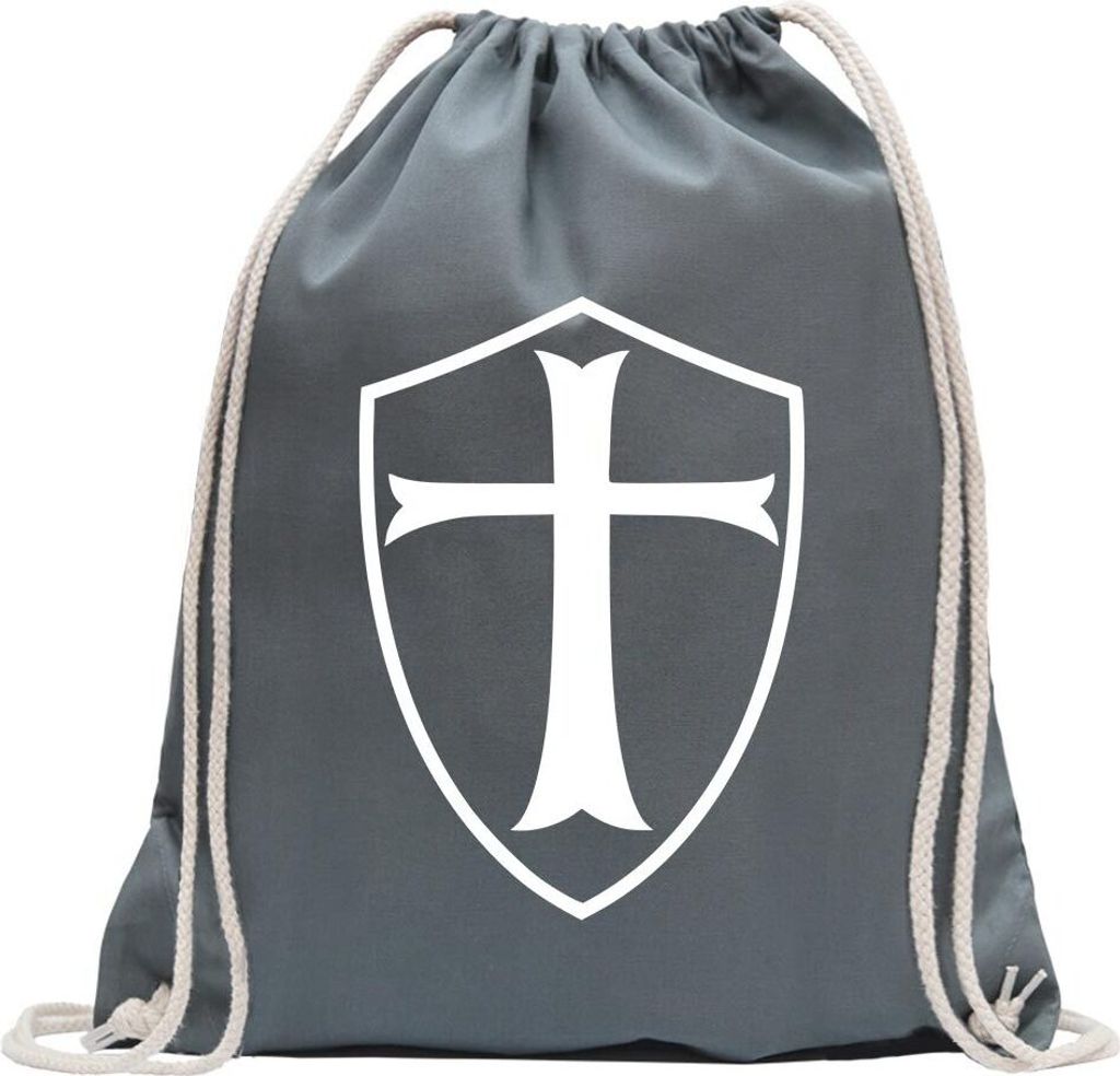 Kiwistar - Turnbeutel - stahlgrau - Kreuzritter Schild - Fun Rucksack Sport Beutel Gymsack Baumwolle mit Ziehgurt