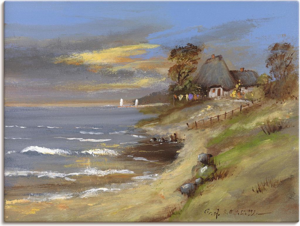 ARTland Leinwandbild Weiß strohgedecktes Haus am Meer Größe: 120x90 cm