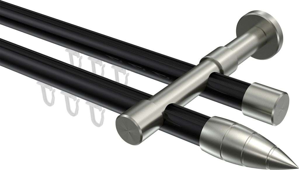Interdeco Innenlaufstange / Gardinenstange mit Innenlauf Schwarz / Edelstahl-Optik, Typ Prestige Samanto (Rillenpatrone), 20 mm Ø 2-läufig, 440 cm