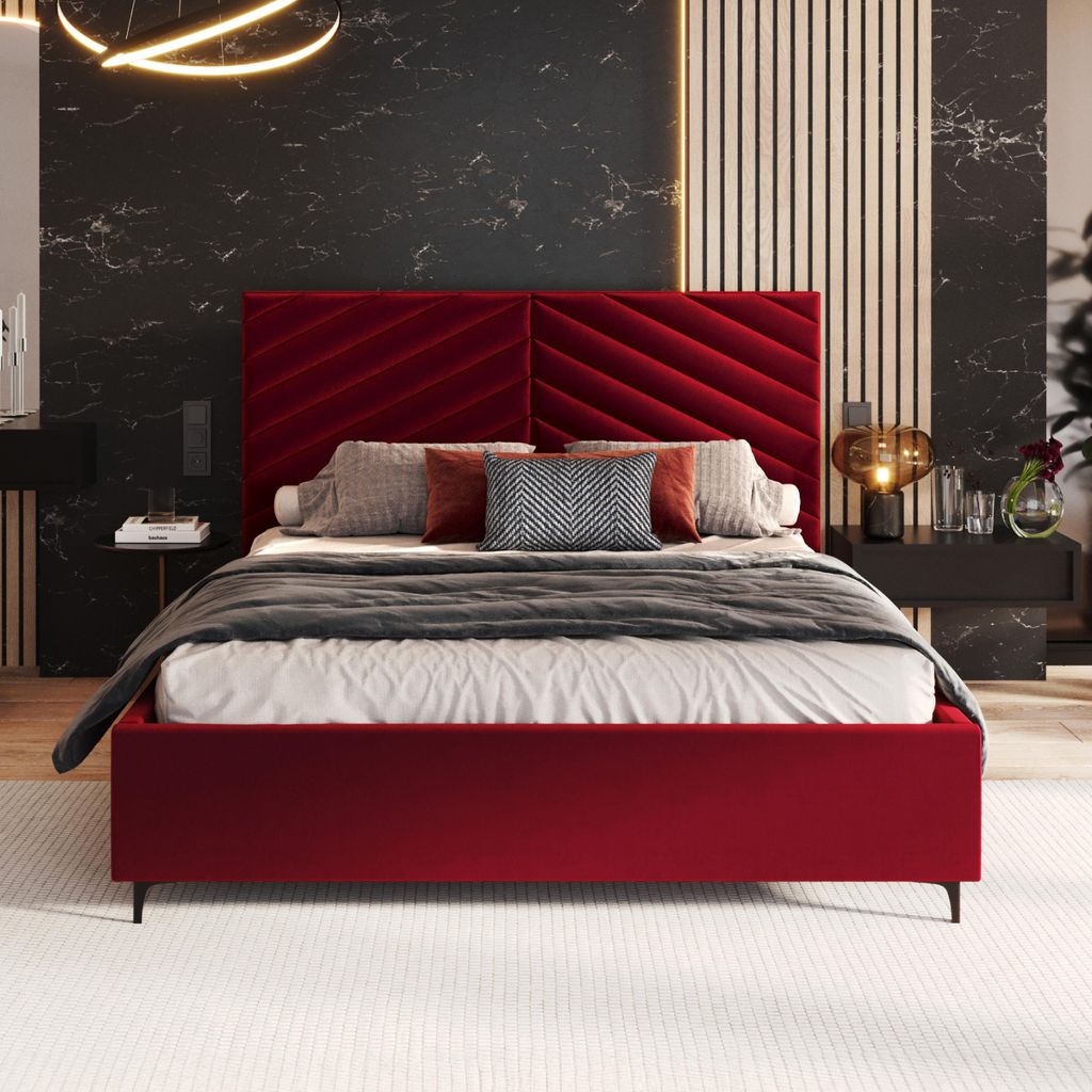 FDM Bett MISTERO Paris 120x200 cm Polsterbett mit Lattenrost aus Metall Bettkasten Stauraumbett Samt wine