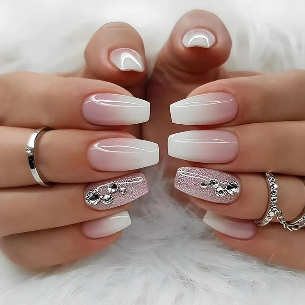 Unghie Artificiali Rosa Bianco per Matrimoni | 24 Pz con Strass Eleganti