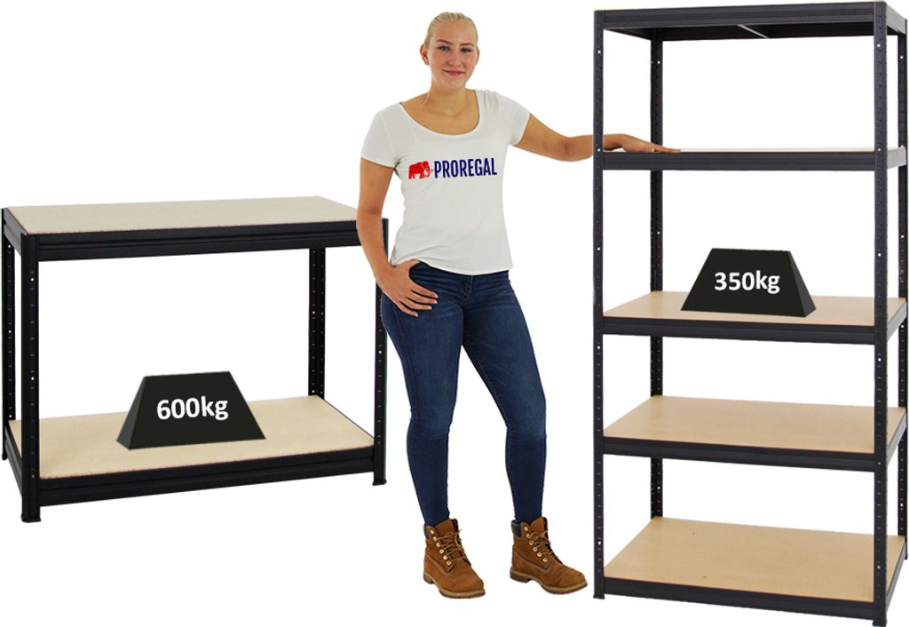 Mega Deal | 1x Schwerlastregal Slim Elephant M & 1x Höhenverstellbare Werkbank Slim DINO | Fachlast bis zu 600kg | Schwarz