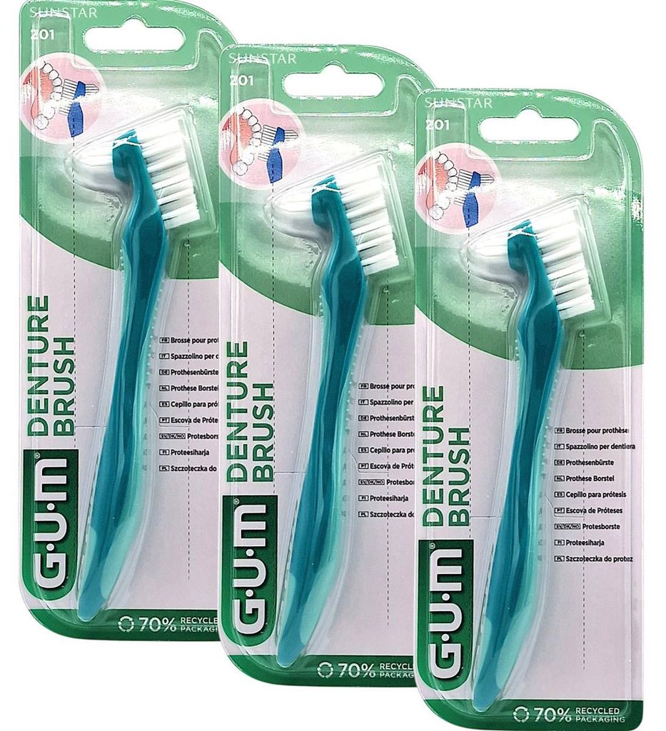 GUM Prothesenbürste mit harten Borsten und keilförmigem Produktbild 