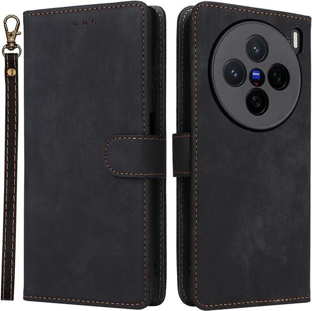 Hülle für Vivo X200 - Phonesta Vintage Skin Book Wallet Klapphülle mit abnehmbarer Kordel - Schwarz