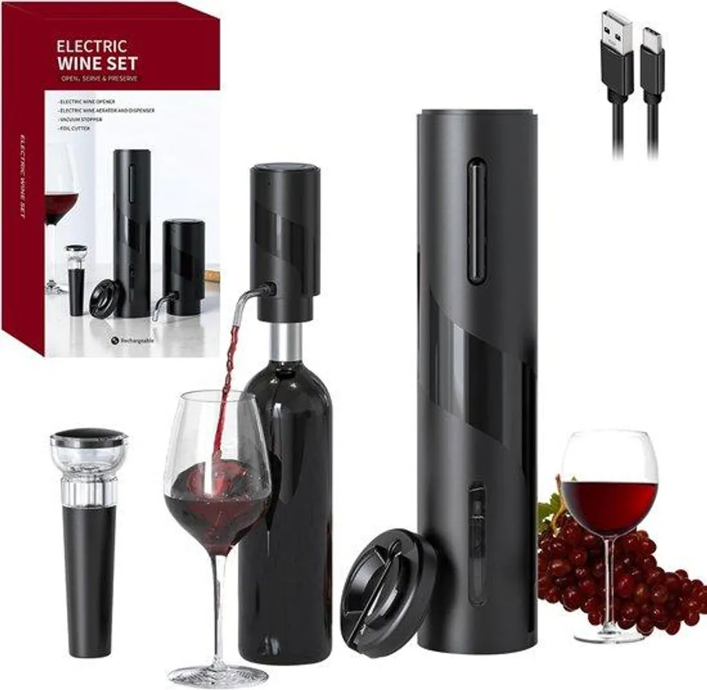 Tire-bouchon électrique 4 en 1 USB avec coupe-capsule et verseur noir