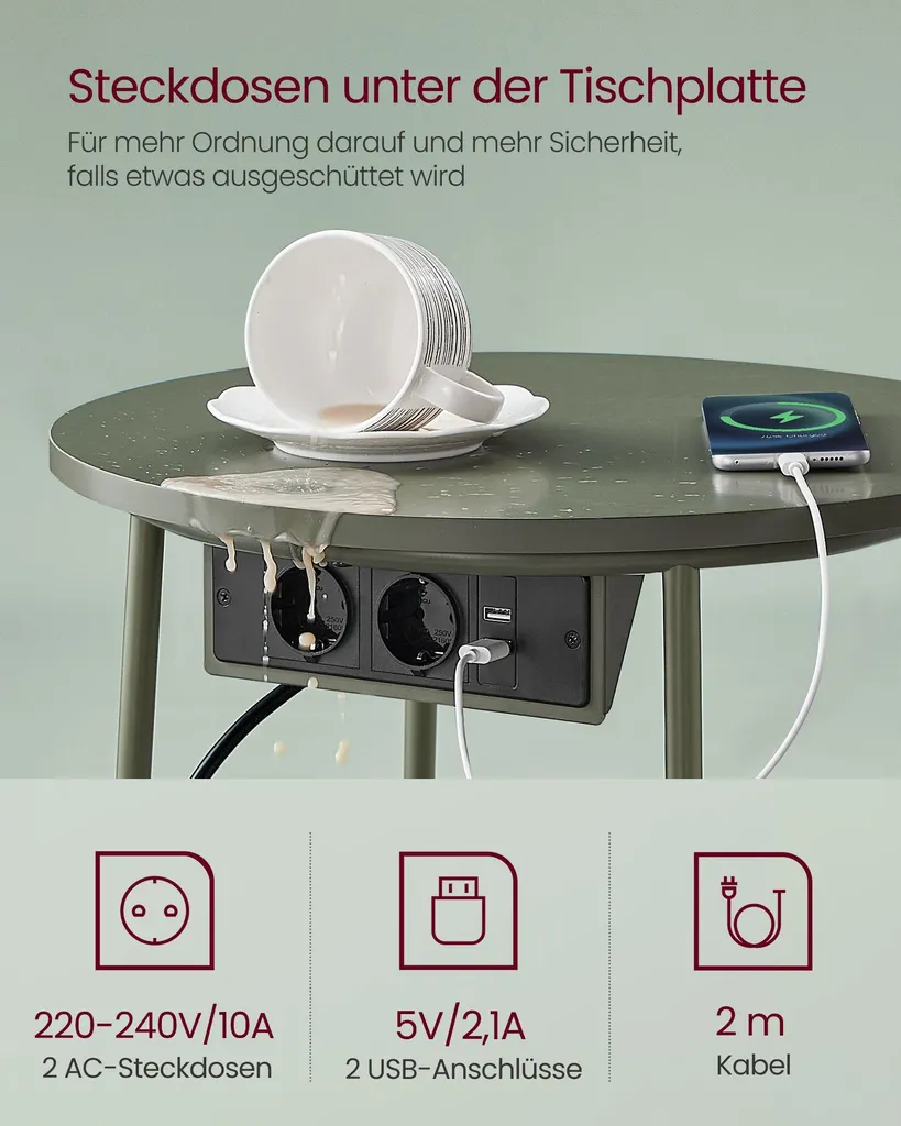 Table d'appoint anti-câbles emmêlés avec recharge rapide vert forêt - 4