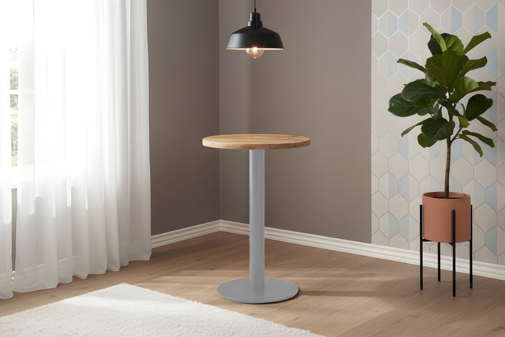 Bistrotisch Emilio | Ø 50 cm Rund | Mangoholz massiv + Rough | gerade Kante | silbernes Metall-Säulengestell runde Base | geeignet für kleine Es...