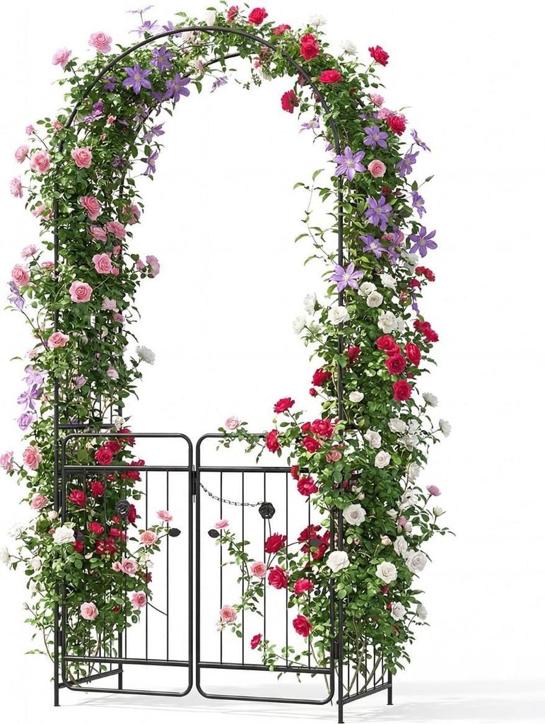 Garden Arch with Lockable Gate, Metal Trellis, Black