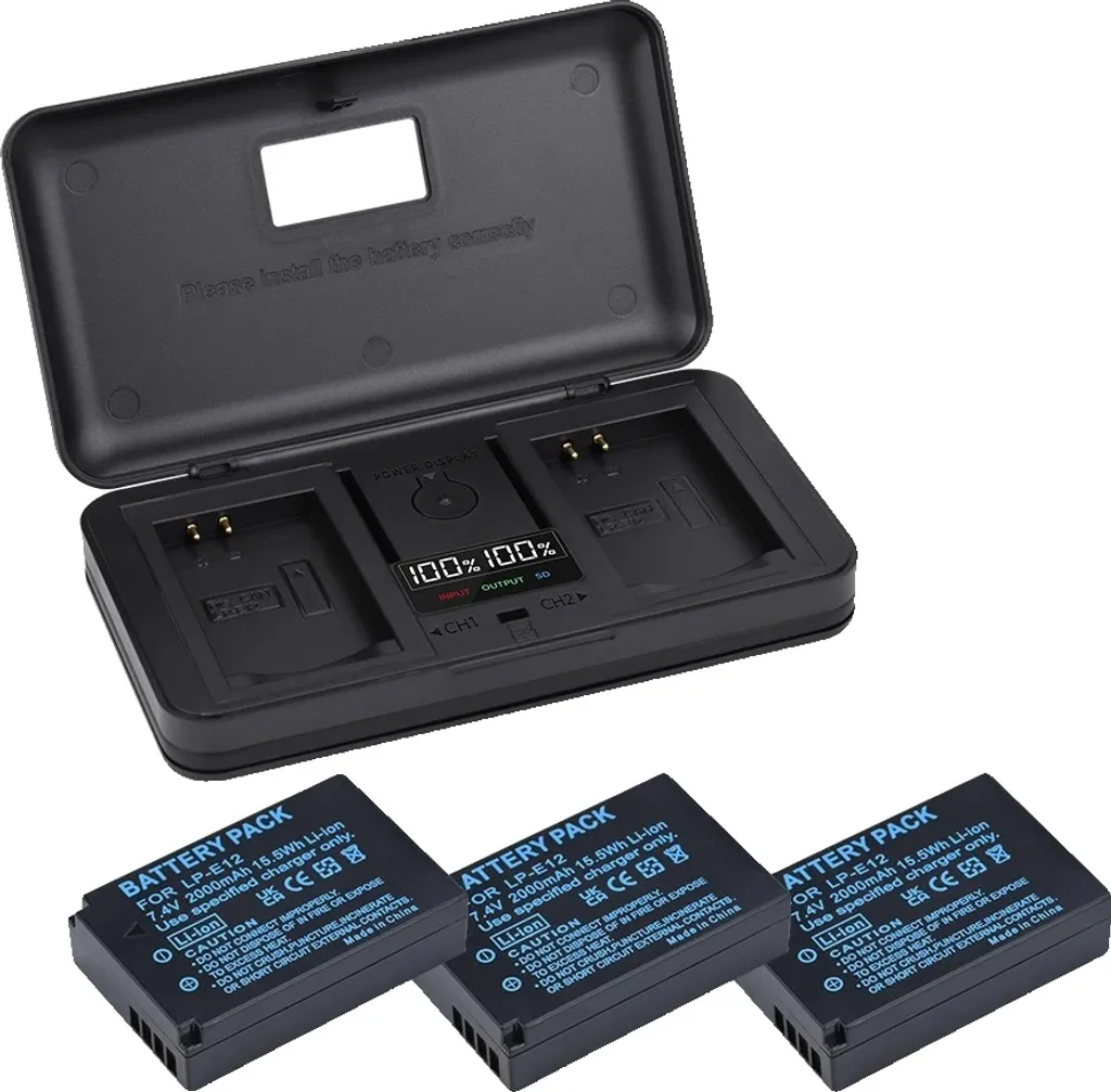 Vlog Kit Canon: 3 Batterie LP-E12 2000mAh + Caricatore Doppio LCD