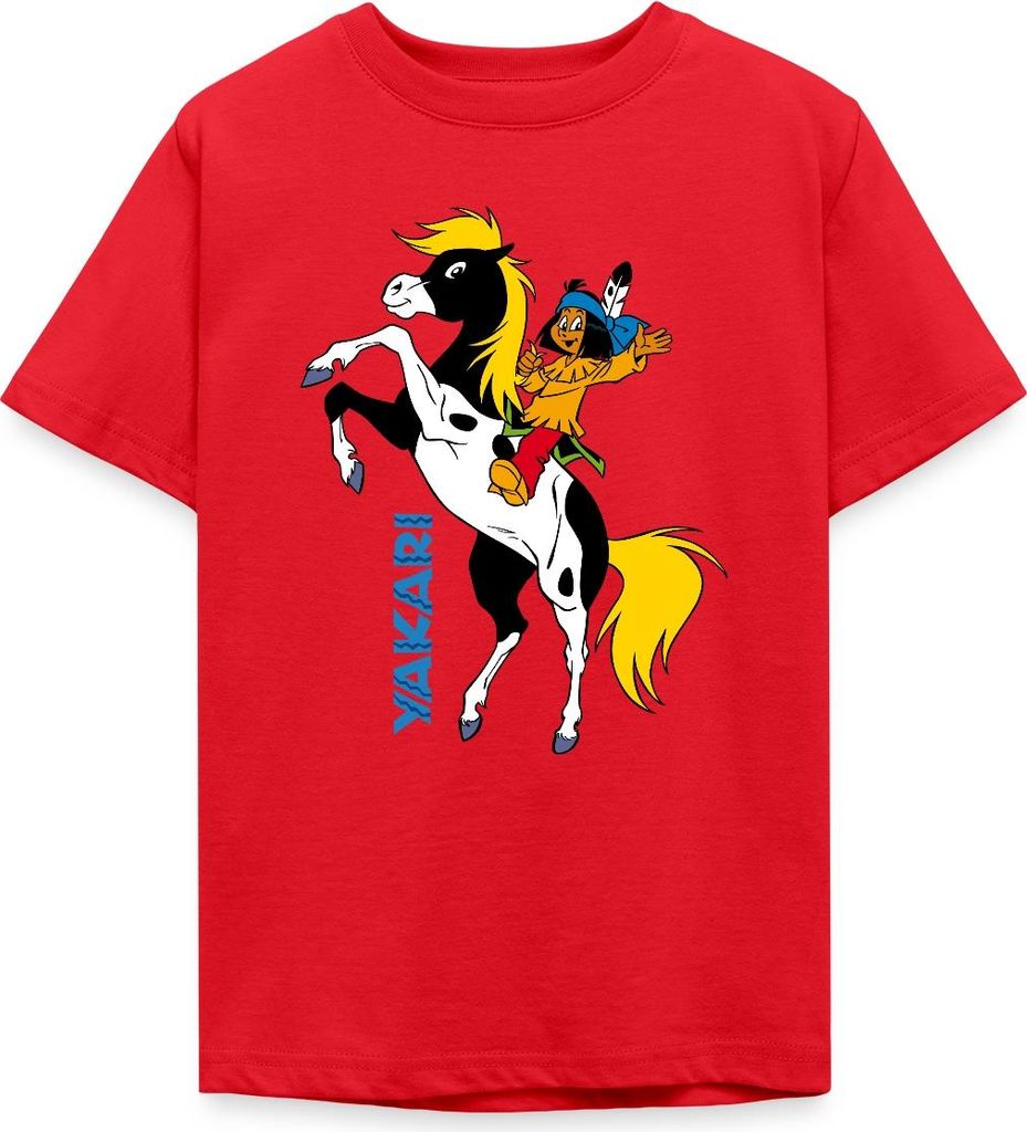 Spreadshirt Yakari Winkt Auf Pferd Kleiner Donner Teenager T-Shirt, 152/164 (12-14 Jahre), Rot