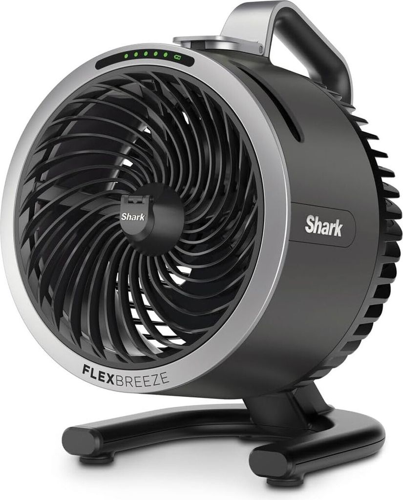 A studio product shot of a black and silver Shark Flex Breeze HydroGo table fan.